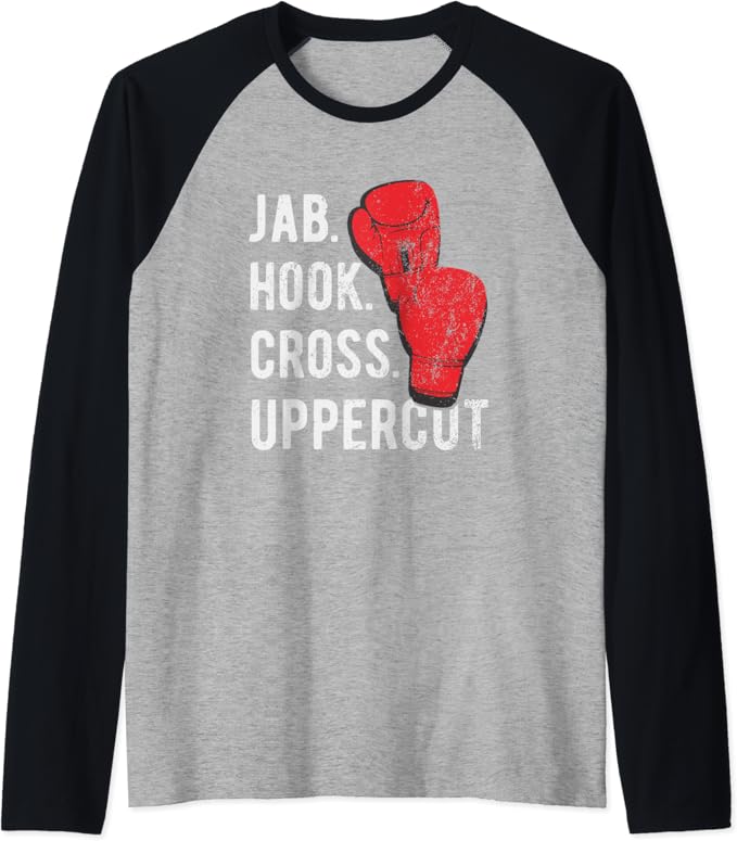 Jab, hook, cross, uppercut Kickboxing and boxing Raglan Baseball Tee